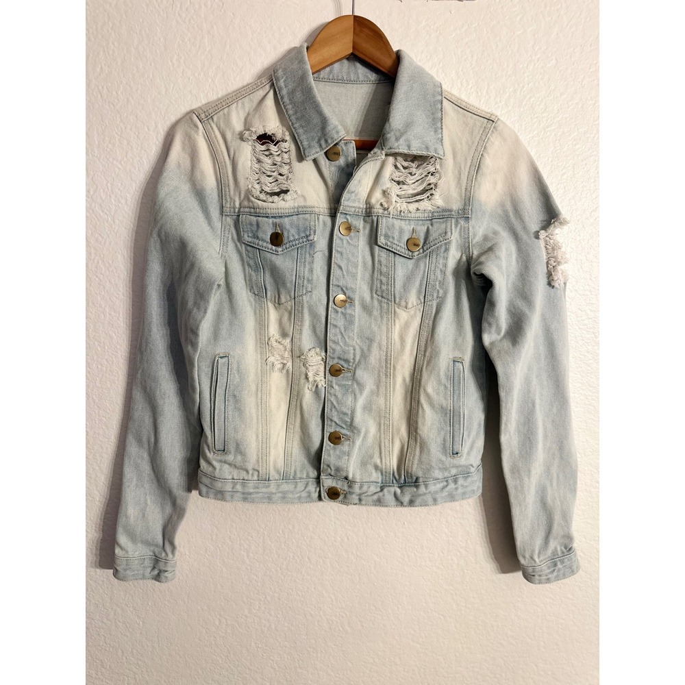 Mono B Distressed Light Wash Denim Jacket Bleached Shredded KJ9439 Womens Small